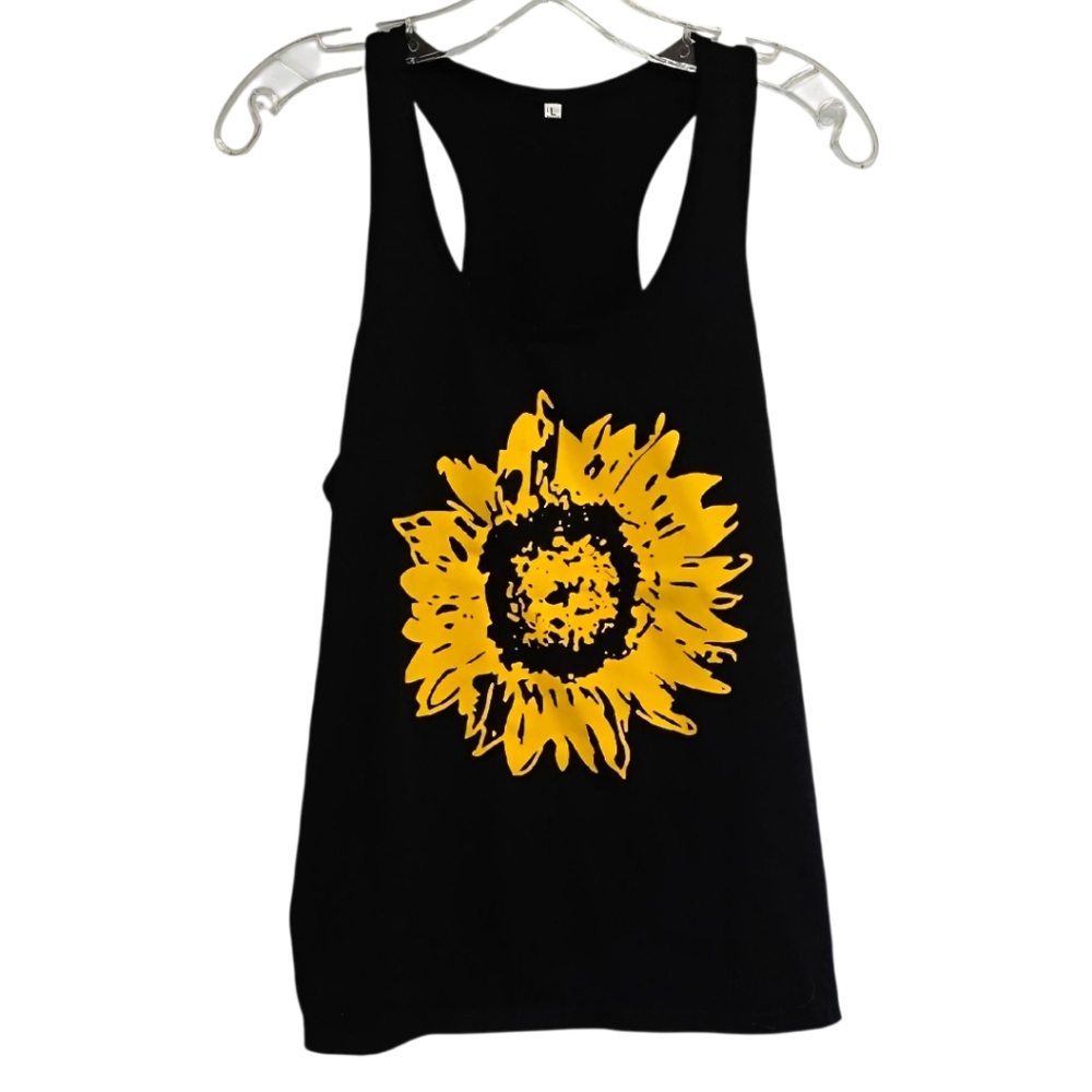 Yellow Sunflower Print Black Tank Top